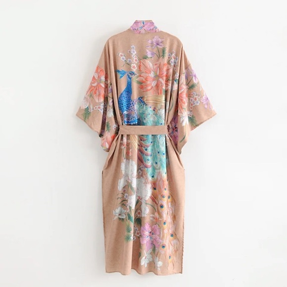 Bohemian Long Floral Peacock Kimono Duster Robe - Picture 5 of 12